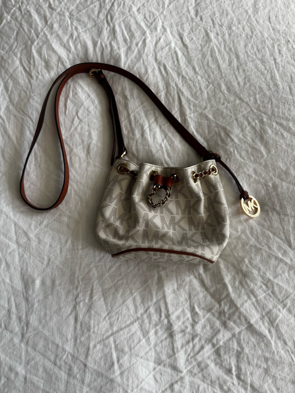 Michael Kors White Logo Drawstring Crossbody Bag